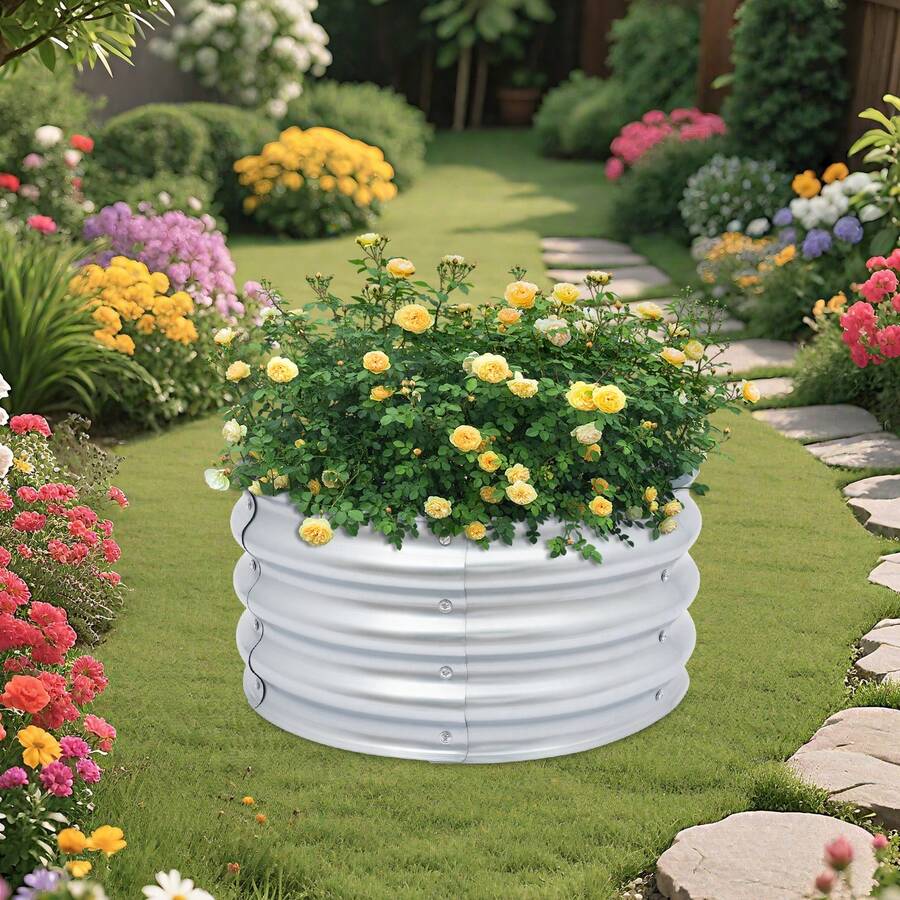 Fioriera rotonda in acciaio zincato, 23,62 x 11,02 cm, vaso in metallo autoportante con spessore di 0,6 mm, fioriera modulare in metallo ondulato per ortaggi, erbe aromatiche, fiori, alberi, patio, giardino, cortile, stile moderno - Visualizzare 1