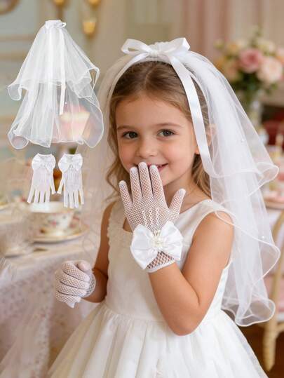2pcs/Set Girls Flower Girl Veil And Lace Gloves Set, Suitable For 4-10 Years Old, Perfect For Weddings, Princess Parties And Birthday Celebrations