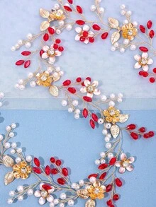 1件手工编织花卉发箍，森林风格长发饰，新娘婚礼装饰，夏季，海滩 - 紅色 - 查看 4