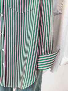 Women's Casual Basic Striped Pointed Collar Long Sleeve Shirt Blouse With Button Pockets, Suitable For Daily Office Wear, Autumn/Winter/Spring - Pink and Green Stripes - View 6