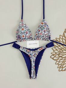 Bộ bikini hai mảnh dành cho nữ, áo tắm tam giác in họa tiết gạch men Ma-rốc với viền màu xanh hải quân và điểm nhấn vòng kim loại. - Màu xanh hải quân - Xem 5