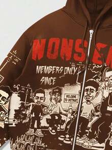 Street Life Spring Casual Graphic Men'S Autumn Street Letter & Cartoon Character Print Zip Front Drawstring Hoodie Sweatshirt, Winter - 咖啡棕 - 查看 3