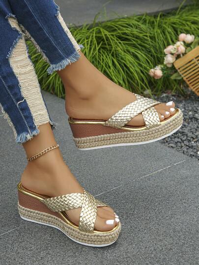 Plus Size Woven Criss-Cross Open Toe Wedge Heel Espadrille Sandals, Thick Sole Casual Slip-On Sandals, Vacation Style, Spring/Summer Daily Wear, Gold Color Sandals, Mother's Day Gift