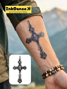 1 Set "Cross" New Technology Temporary Tattoo Stickers, Semi-Permanent Fake Tattoos, Waterproof Long-Lasting, Realistic Design, Plant-Based Formula, Ink Dance Festival Gift Body Art X219 - Black - View 2