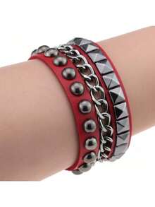 Punk Style Rivet Chain Leather Bracelet Personality  Rock Style Multi-Layer Bracelet Dark Cool Stylish Accessory - Đỏ - Xem 7