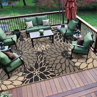 Plant Flowers Outdoor Plastic Straw Rug Waterproof Patio 5X8 6X9 8x10 9X12 Black Brown Rose Mat For Porch Camping RV Balcony Deck Courtyard Reversible Lightweight Durable Portable Carpet