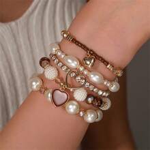 Bộ 5 chiếc vòng tay thủ công hình trái tim đính hạt ngọc trai giả phong cách Bohemian thời trang, hình giọt dầu. - Nhiều màu - Xem 7