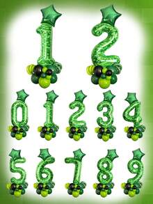 19pcs 40-Inch Green Plaid 0-9 Number Balloons, 18-Inch Pentagram Balloons, 5-Inch & 10-Inch Black, Olive Green, Milky Green Latex Balloons, Suitable For Theme Parties, Birthday Party Decorations - Multicolor - View 4