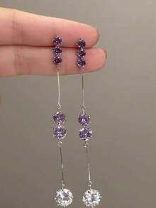 1 par de pendientes de borla de vidrio púrpura largos, elegantes y lujosos, adecuados para banquetes y uso vacacional - Morado - Ver 7