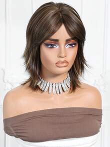 12 Inch Deep Brown Highlight Layered Short Wavy Wig, Textured Women's Wig, Deep Brown Hair, Short Wig, Layered Wig, Everyday Wig, Office Wig, Street Wig, Date Wig, Women's Hair, Suitable For Teenage Girls And Young Adults - Màu nâu highlight - Xem 4