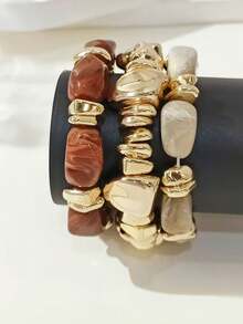 3pcs European And American Fashion Asymmetrical Tie Dye Resin Elastic Bracelet, Matte Metallic Texture Niche Bangle For Women - Multicolor - View 2