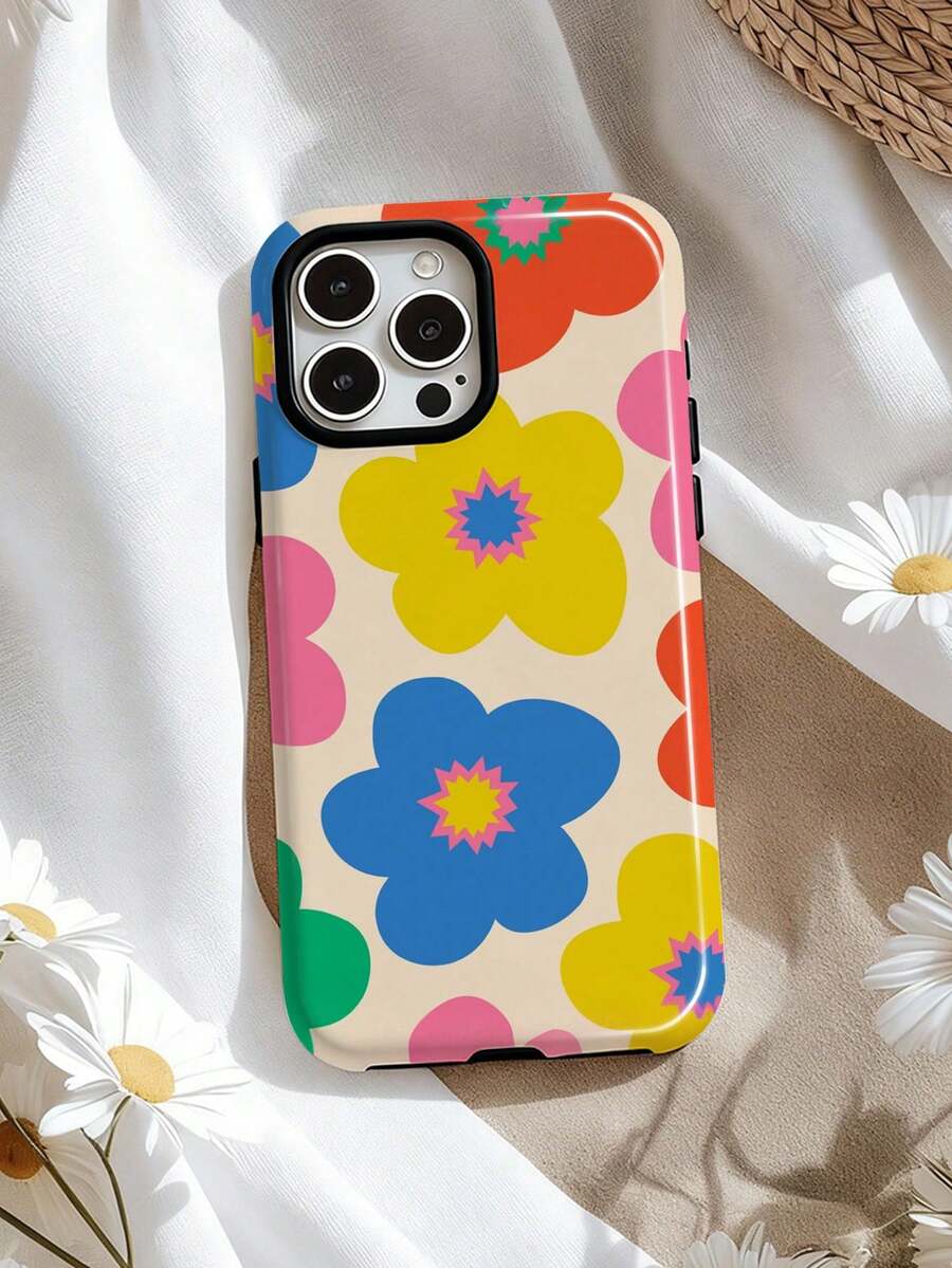 1pc Retro Chic Artistic Colorblock Geometric Floral Pattern Glossy 2-In-1 Film Hard Phone Case Suitable For Samsung/ 11/12/13/14/15/16/17 Pro Max - Multicolor - View 1