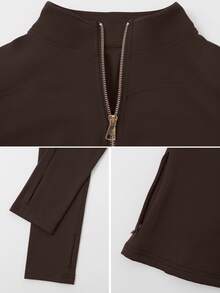 NcmRyu 1 pieza Chaqueta deportiva de mujer con cuello alto, cremallera de metal y agujero para el pulgar, de manga larga, para primavera - Café integral - Ver 5