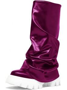 Women's Platform Round Toe Mid Calf Boots With Chunky Heel - M-fuchsia - 查看 13
