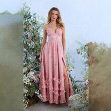 Elegant Pink Floral Cami Midi Dress For Women, Sleeveless Spaghetti Strap Gown With Slit And Ruffles, Perfect For Summer Formal Events And Bridesmaid Attire - Màu Hồng baby - Xem 1