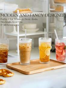 1pc 20oz Striped Glass Cup With Lid And Glass Straw - Vintage Iced Coffee Cup, Reusable Smoothie And Cocktail Drinking Cup, Clear Glassware For Home Or Cafe Use - Multicolor - View 8