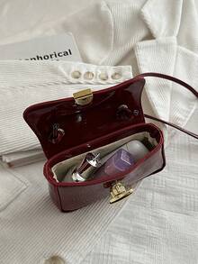 Women's Mini Shiny PU Crossbody Bag, Retro Curved Flap Design, Metal Lock Closure, Adjustable Strap, Fashionable For Daily And Party Wear - Burgundy - View 6