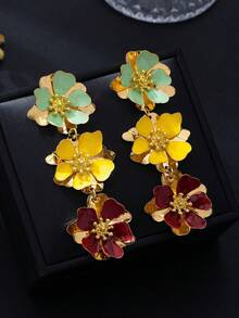 1 Pair Colorful Floral Patchwork Earrings, Unique Exaggerated Design, Elegant Sophisticated Resort Style Earrings - متعدد الألوان - مشاهدة 1