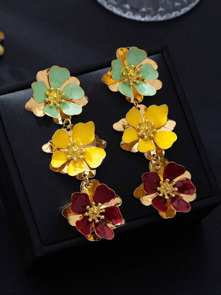 1 Pair Colorful Floral Patchwork Earrings, Unique Exaggerated Design, Elegant Sophisticated Resort Style Earrings - متعدد الألوان - مشاهدة 1