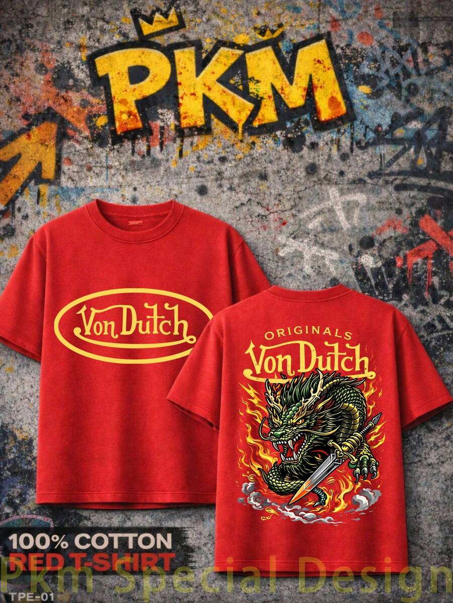 Graphic T-Shirt Vons Dutch Dragon Print Streetwear Everyday Casual Wear Machine Washable Regular Fit All Season Top Weekend Outfit Playful Fashion Durable Shirt Short Sleeve Shirt - 紅色 - 查看 1