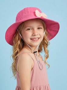 1pc Cute Girls' Pink Bow & Fuchsia Bucket Hat, Wide Brim Kids Summer Hat, Adjustable Chin Strap, Breathable, Quick Dry, Lightweight, Packable, Soft Material, Skin Friendly, Washable, Suitable For Beach, Outdoor Play, Hiking, Camping - 1PC - View 6