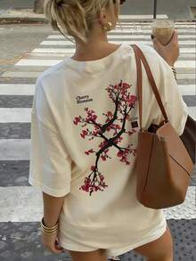 女士日系樱花图案宽松T恤，透气圆领，Y2K街头风上衣，适合春季郊游、赏樱、城市漫步、周末早午餐、度假及夏季日常休闲穿着 - 杏色 - 查看 5