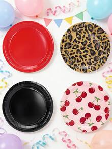 10pcs/40pcs/80pcs Leopard Print & Cherry Pattern Paper Plates Set - 7 Inch Round Paper Plates, Includes Leopard Print, Solid Red, Solid Black And Pink Cherry Patterns, Suitable For Bachelorette Party, Valentine's Day, Vintage Birthday Party, Unisex - Multicolor - View 7