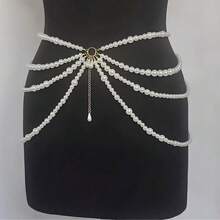 1pc European And American Style Multi-Layer Faux Pearl Chain Tassel Waist Chain, Retro Unique Design Adjustable Women Body Chain, Daily Waist Belt - White - View 3