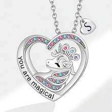 Cute Unicorn Heart Necklace With A-Z Initial Charm, Colorful Crystal "You Are Magical" Silver Tone Jewelry For Girls, Ideal Birthday Gift - 銀色 - 查看 1