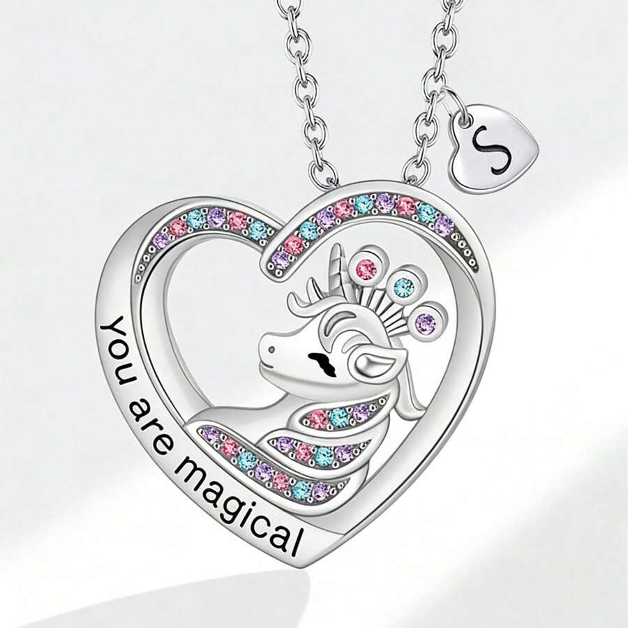 Cute Unicorn Heart Necklace With A-Z Initial Charm, Colorful Crystal "You Are Magical" Silver Tone Jewelry For Girls, Ideal Birthday Gift - 銀色 - 查看 1