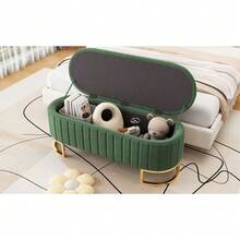 Sofa Cover And Footstool With Storage 120 X 40 Cm, Upholstered Footstool With Storage Space, Sofa Bench, Beige Velvet Fabric - 綠色 - 查看 9