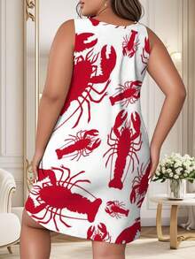 Red Lobster Print Sleeveless Dress For Women Unique Seafood Graphic Summer Beach Vacation Apparel Stylish Casual Tank Top Skirt Fashion Pattern Beach Dresses For Ladies - 彩色 - 查看 2