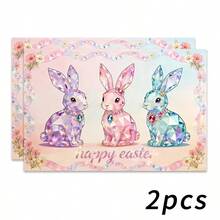 4pcs Easter Theme Placemats, Cute Rabbit Pattern With Diamond Elements And Floral Design, Suitable For Party Dining And Easter Decoration. Size: 30x45cm, Applicable For Seasonal Home Decor, Holiday Table Decor, Farmhouse Style, Washable And Durable. An Ideal Gift Choice. - Multicolor - View 21