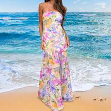 Women Casual Strapless Dress Summer Floral Print Backless A-Line Long Dress For Cocktail Party Beach Streetwear - 紫色 - 查看 7