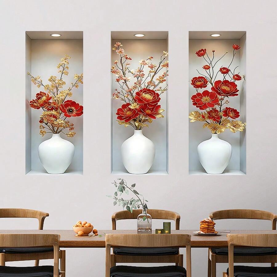 3pcs 3D Rectangular Floral Vase Wall Stickers, Removable Self-Adhesive Waterproof PVC Decals, Suitable For Staircase, Sofa Background, Office, Home Decor