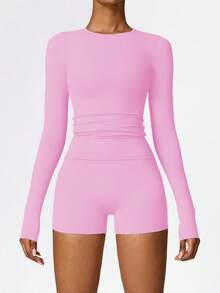 Women's Solid Color Long-Sleeve & Short-Pant Sports Casual Set - Slim Fit, Breathable & Skin-Friendly, Shape-Sculpting Fabric, Ideal For Fitness & Daily Wear - 粉色 - 查看 11