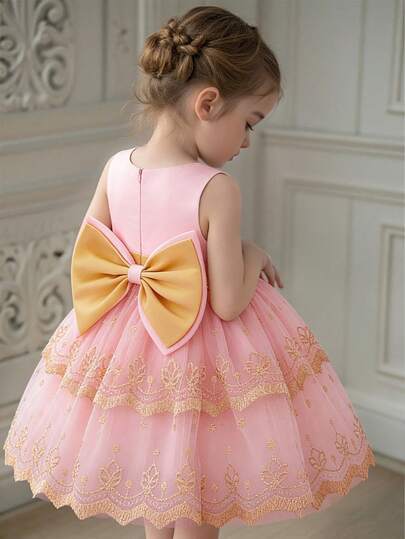 Đầm dạ hội thanh lịch cổ tròn cho bé gái, chất liệu ren thêu, voan và satin, thích hợp cho tiệc sinh nhật, sự kiện trường học, lễ hội, kèm theo băng đô cài tóc.