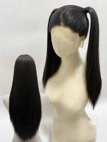 Peluca de encaje frontal elegante de 28 pulgadas de color negro natural, fibra sintética resistente al calor con una densidad del 200%, peluca de encaje completo liso y sin pegamento, adecuada para todos - Multicolor - Ver 2