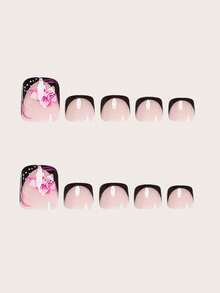 Instantly Upgrade Your Look With 24pcs Short Square False Toenails Fashionable Y2K Style Classic Black French Manicure Cute White Manicure With Irregular Lines Nude Toenails Gentle And Elegant Pink White Cherry Blossom Toenails Full Coverage Fake Nail Tips For Women And Girls Includes 1 Sheet Adhesive Tabs & 1 Pc Mini File Strip Jelly Gel Random Shipment - Black - View 3