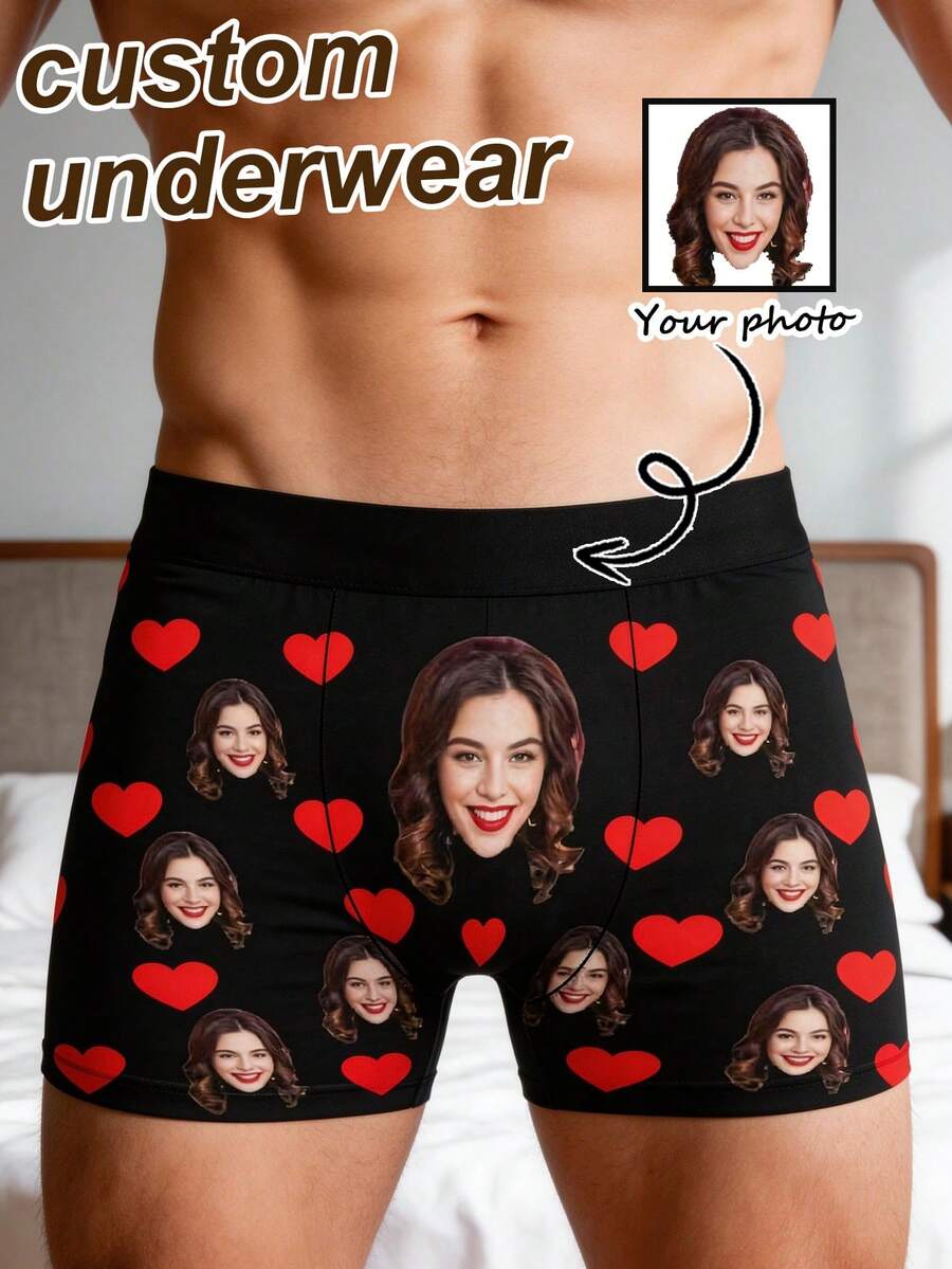 Men's Customized Face & Red Heart Pattern Black Elastic Fabric Soft Romantic Novelty Briefs, Valentine's Day/Anniversary Gift, Fathers Day Gift - Multicolor - View 1