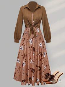 Women's Elegant Printed Long Sleeve Dress And Jacket Set, Chic Two Pieces Outfit For Date, Commute, And Daily Wear Vacation Spring - Brown - View 4