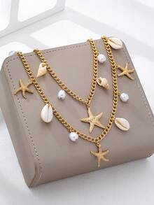 1 chiếc dây đeo eo kiểu Bohemian họa tiết vỏ sò và sao biển đính ngọc trai giả dành cho nữ. - Vàng - Xem 2