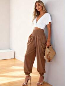 Elegant Women's Pants, Pure Color Elastic High Waistband With Pockets,  Daily Casual Pants, Fashionable Women's Clothing For Spring And Fall - 卡其色 - 查看 1