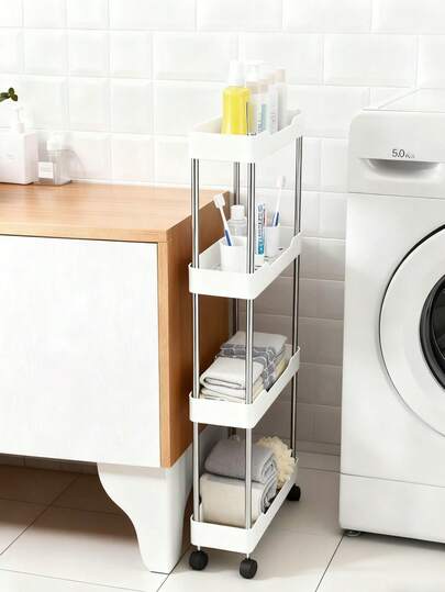 Xe đẩy đựng đồ nhà tắm hẹp 3/4 tầng - Khung thép không gỉ, giá để đồ di động, bánh xe trượt dễ dàng, kệ đựng đồ đa năng, thích hợp để sắp xếp đồ đạc trong phòng tắm, xe đẩy đựng đồ di động | Giải pháp lưu trữ hiện đại | Thanh đỡ bằng kim loại, giá và kệ đựng đồ nhà tắm