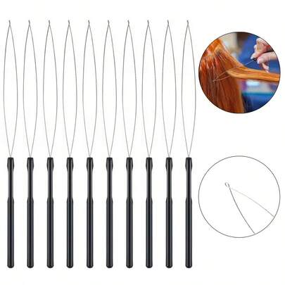 10 قطع أداة إبرة خيط لتركيب شعر الإكستنشن وأداة سحب الخرز الأسود لتركيب الشعر أو ريش الإكستنشن