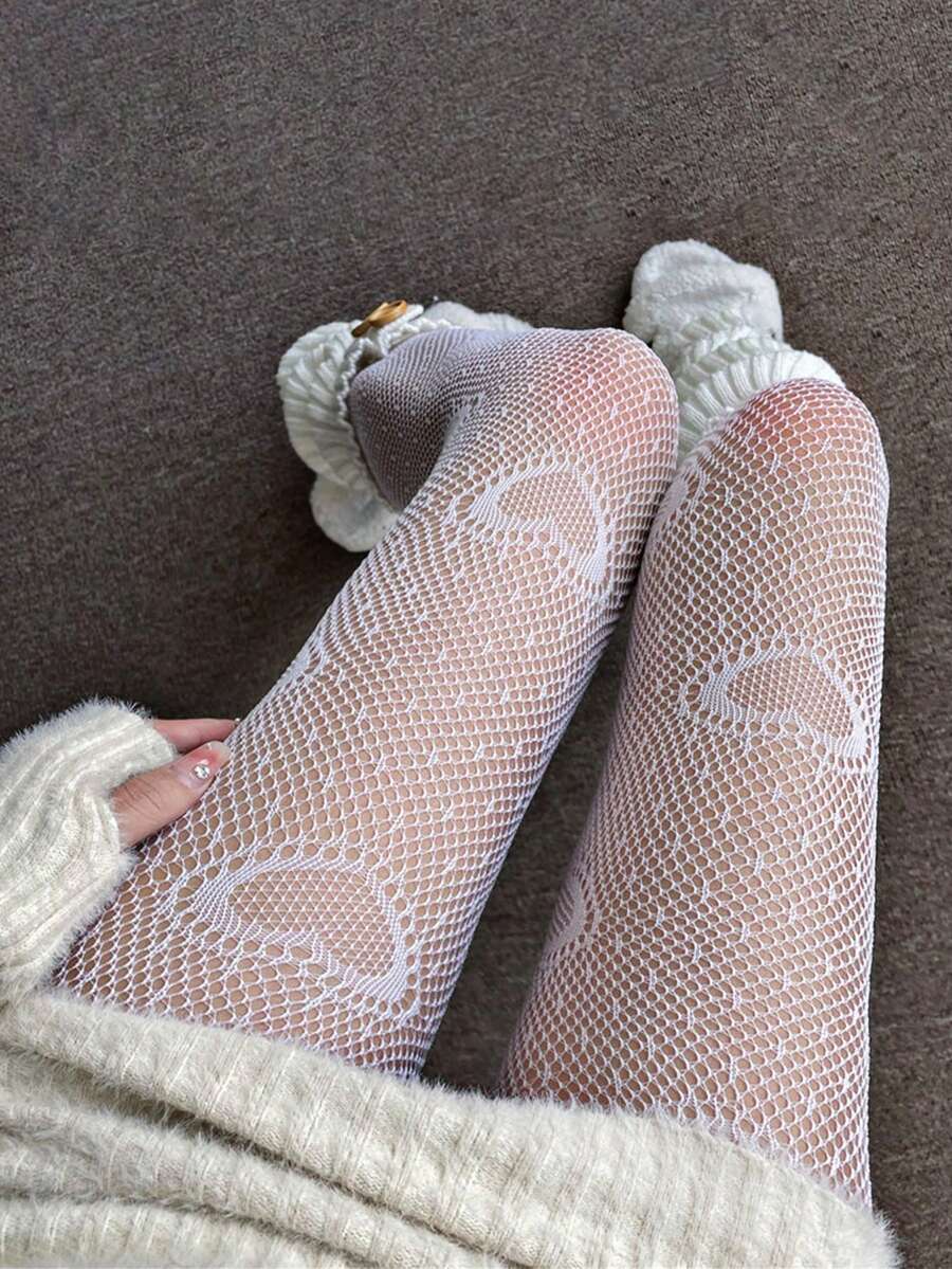 A White Dotted Heart-Shaped Hollow Out Cute And Sexy Hot Girl Fishing Net Pantyhose Suitable For Any Occasion Such As Parties, Dates, Vacations, Etc. Suitable For Valentine's Day And Any Other Holiday - White - View 1