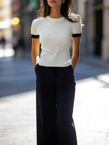 Women's Summer/Autumn Elegant Casual Knit Pullover, Round Neck Colorblock Short Sleeve Top, Old Money Style, Daily Outing Apparel White - White - View 5