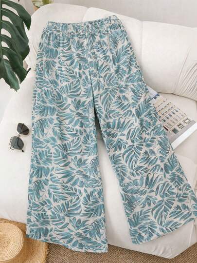 Pantalones anchos y sueltos de gasa con estampado floral y cintura alta para mujer de talla grande