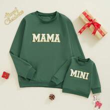 Mommy And Me Matching Outfits Christmas/Halloween Sweatshirts Family Matching Xmas Clothes Long Sleeve Crewneck Mama/Mini Letter Print Sweatshirts Pullover Tops Winter Fall Clothes - xanh quân đội - Xem 4
