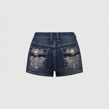 Skinny Versatile Shorts Retro Personalized Street Pattern Embroidery Spring And Summer Denim Shorts Women - Navy Blue - View 1